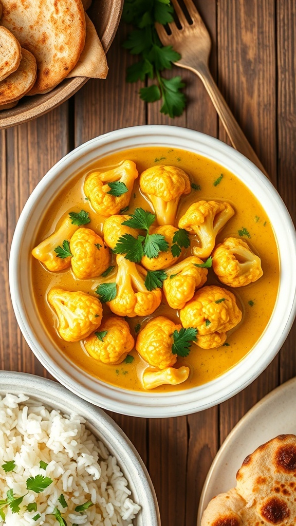 Creamy Cauliflower Korma Recipe A bowl of creamy cauliflower korma with cilantro, served with rice and naan on a wooden table.